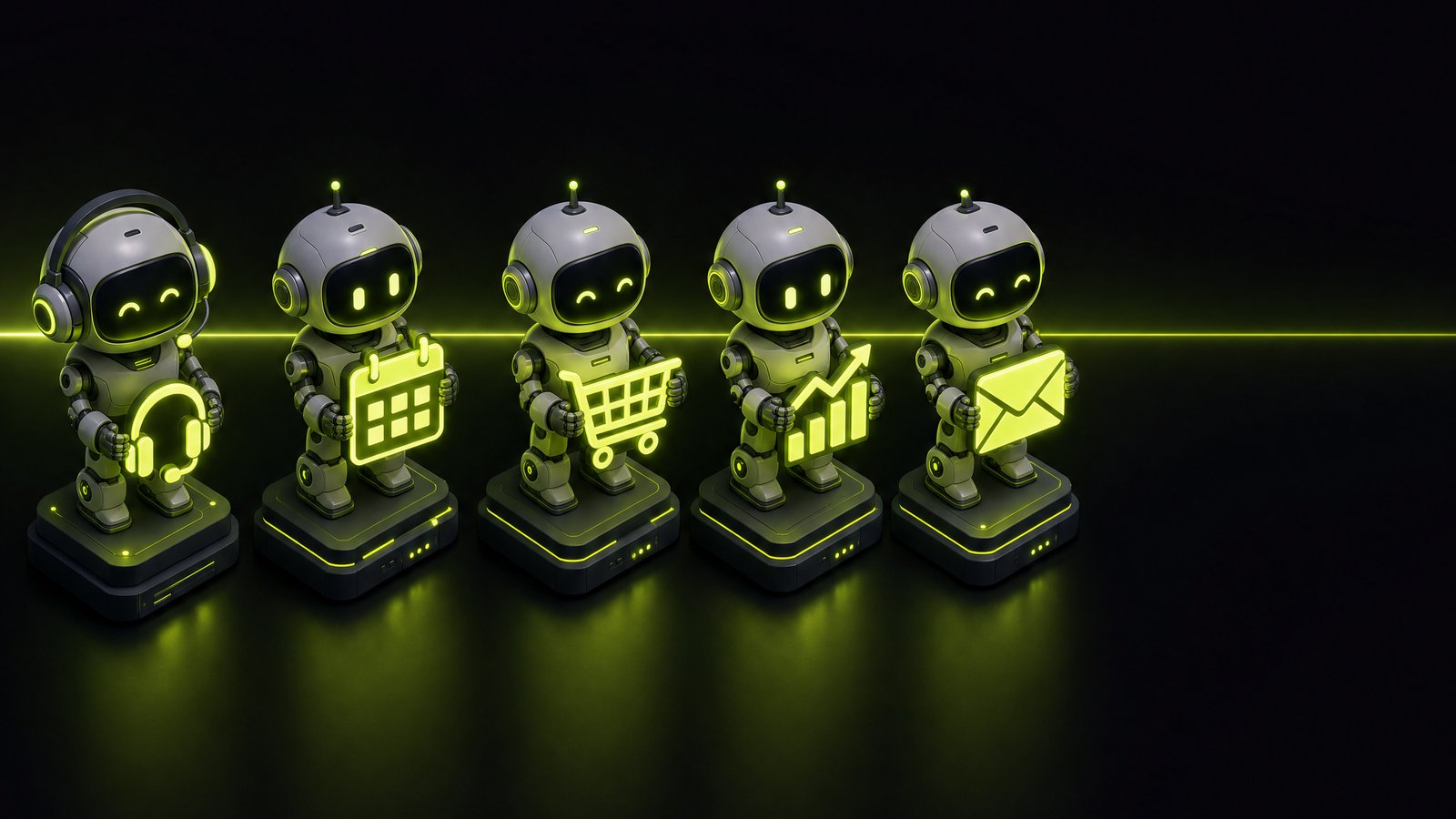 Five small robots holding a headset, calendar, shopping cart, chart and envelope — one per agent category