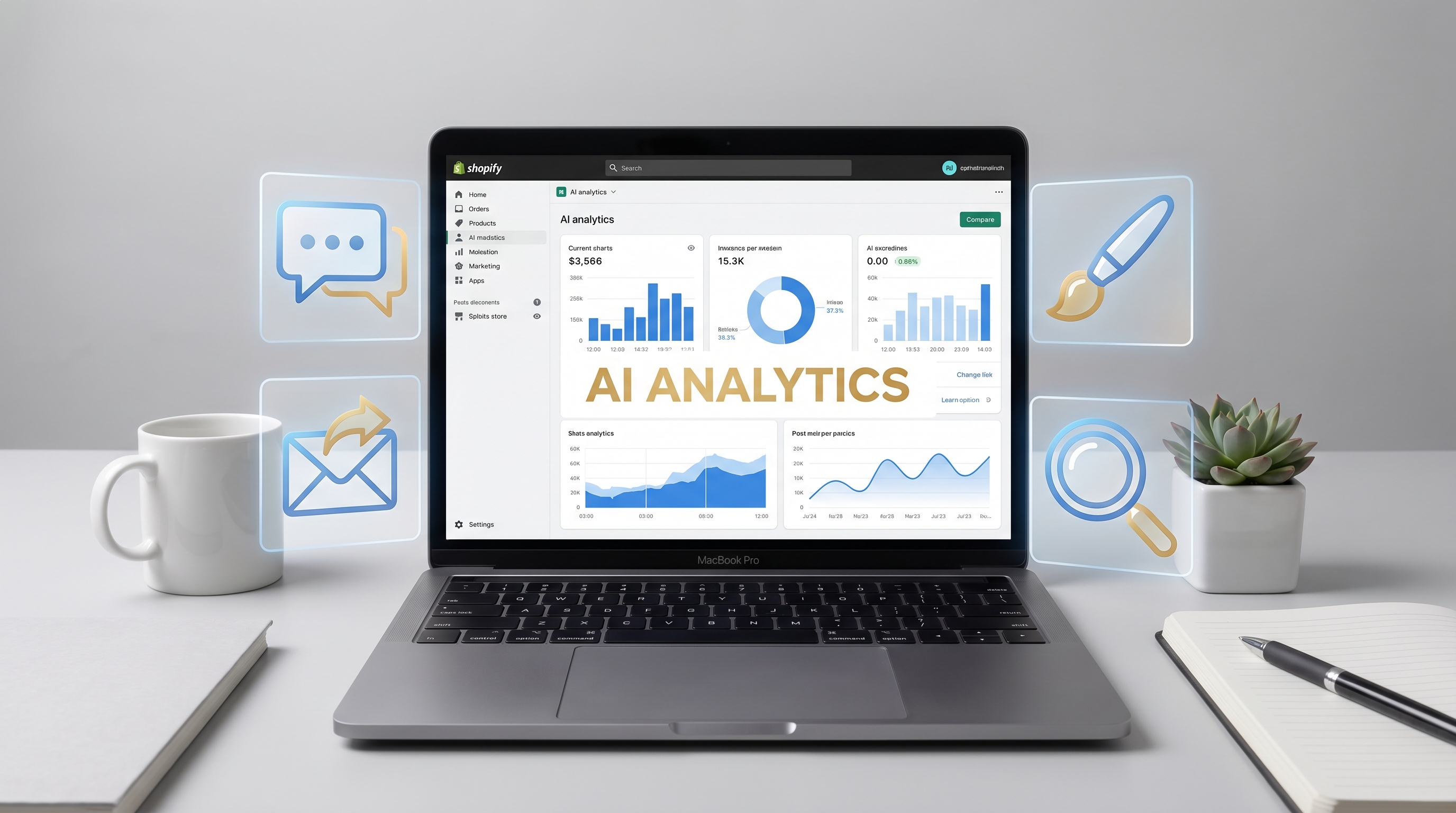 Best AI tools for Shopify sellers displayed on a laptop screen in a modern home office